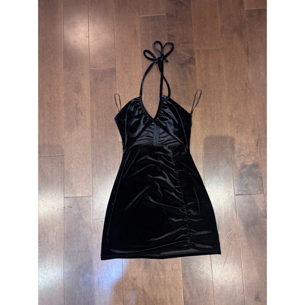 Black Velvet Halter Neck Cut Out Ruched Mini Dress Women Cocktail Party Evening